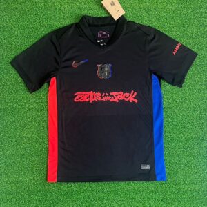 Barcelona x Travis Scott Away Jersey 2025/26 – Black with Cactus Jack red graffiti and red-blue side panels