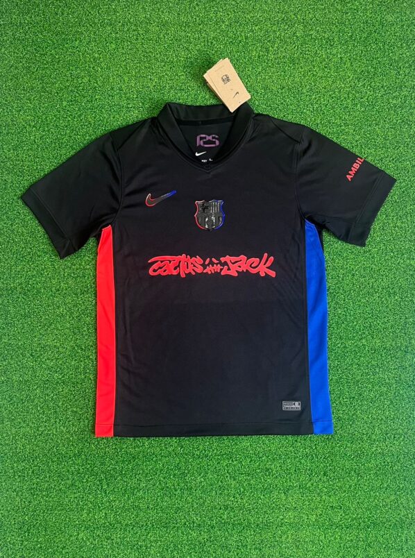 Barcelona x Travis Scott Away Jersey 2025/26 – Black with Cactus Jack red graffiti and red-blue side panels